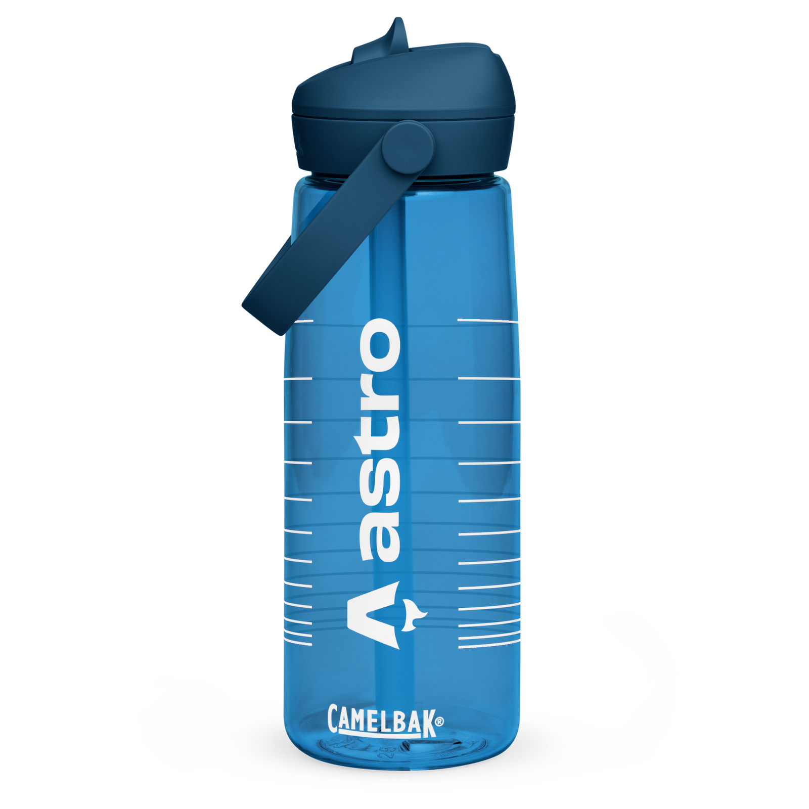A blue translucent water bottle with white Astro logo printed along its length. A minimalist pattern of white lines wraps around the bottle and towards the bottom is a small CamelBak logo. The bottle lid is has a handle and a flip-up straw.