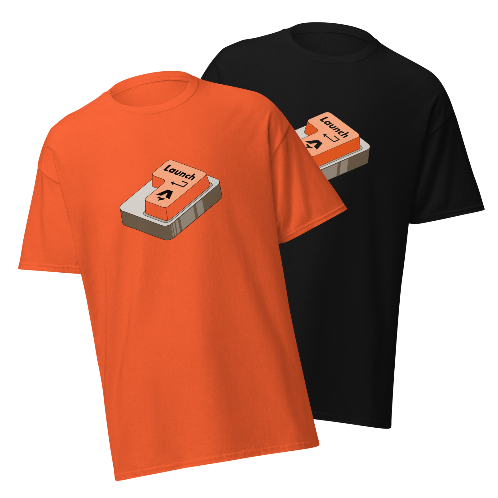Two t-shirts, one bright orange, the other black. Both feature the same design on the front of a chunky orange return key labelled “Launch” and featuring the Astro logo.