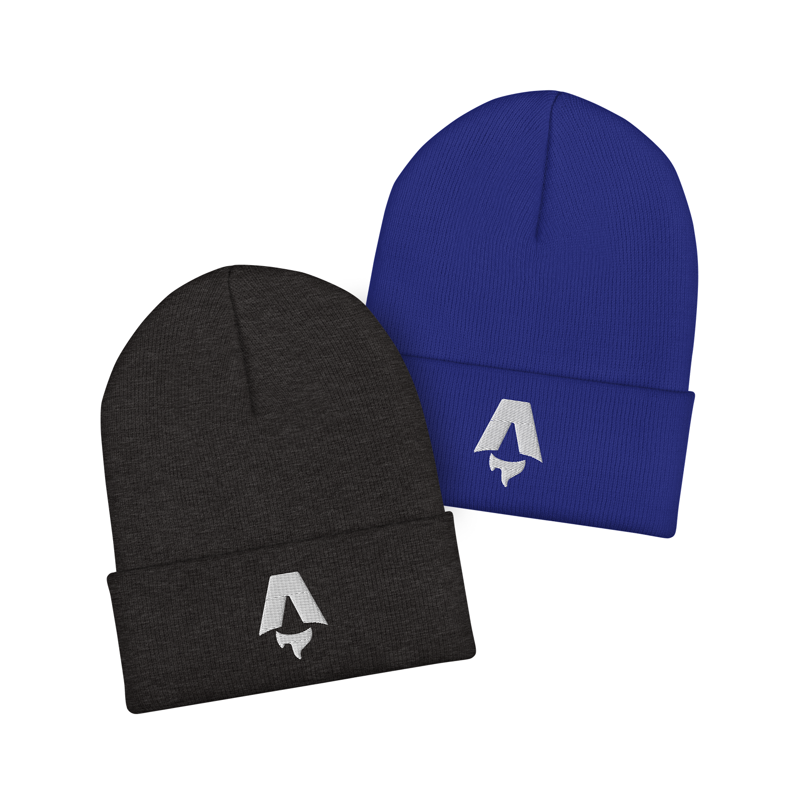 Two beanies with the Astro logo embroidered in white on the cuff: one is a dark heather grey, the other a royal blue.