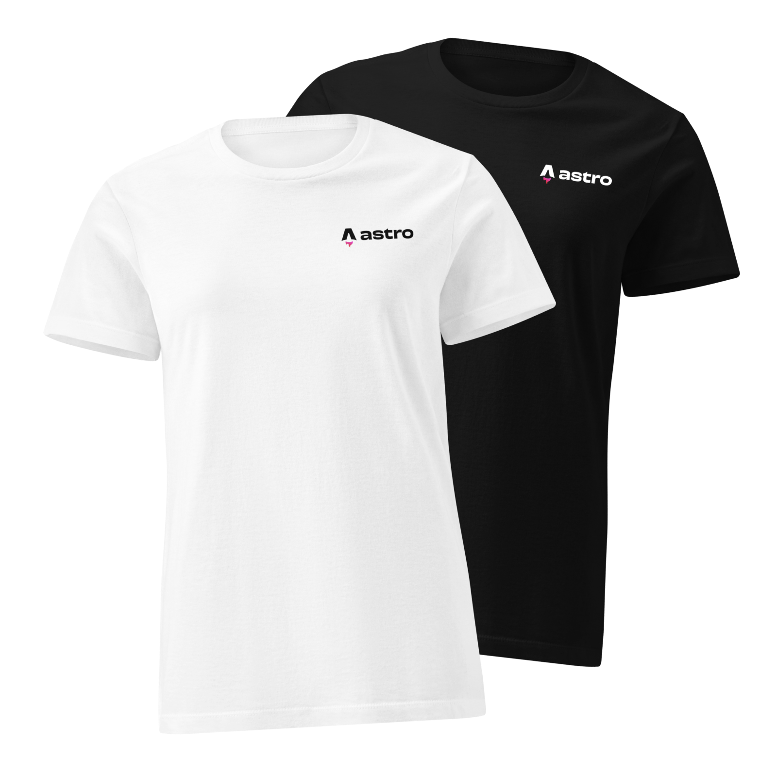 Two t-shirts: one white, one black. Both feature the Astro logotype on the left chest: an “A” icon with a flame underneath next to the word “astro” in lowercase letters.