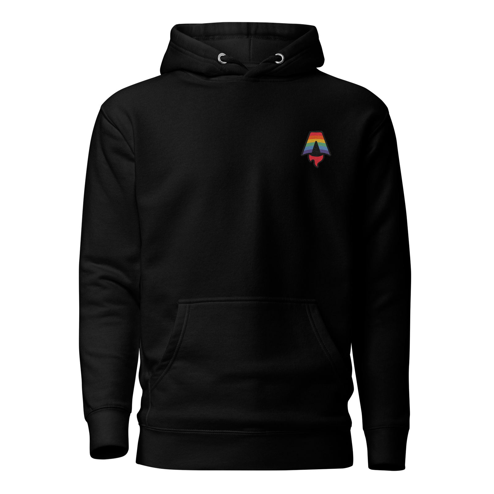 A black, draw-string hoodie with an embroidered Astro logo in rainbow colors on the left chest. It has a pouch pocket on the front.