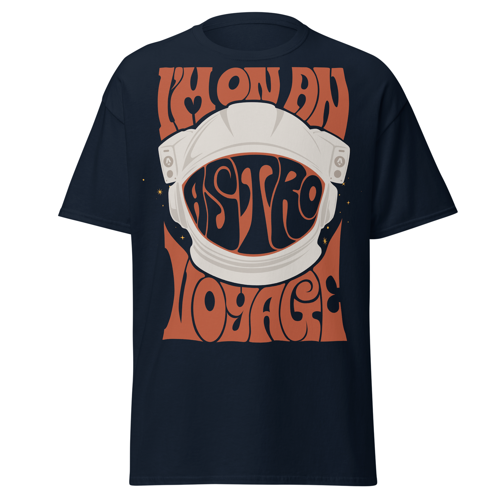 A navy blue t-shirt with a retro design on the front. Large red text reads “I’m on an Astro voyage” in swirly characters reminiscent of 1960s poster designs. The text wraps around a large astronaut helmet with the word “Astro” appearing in the helmet’s visor.