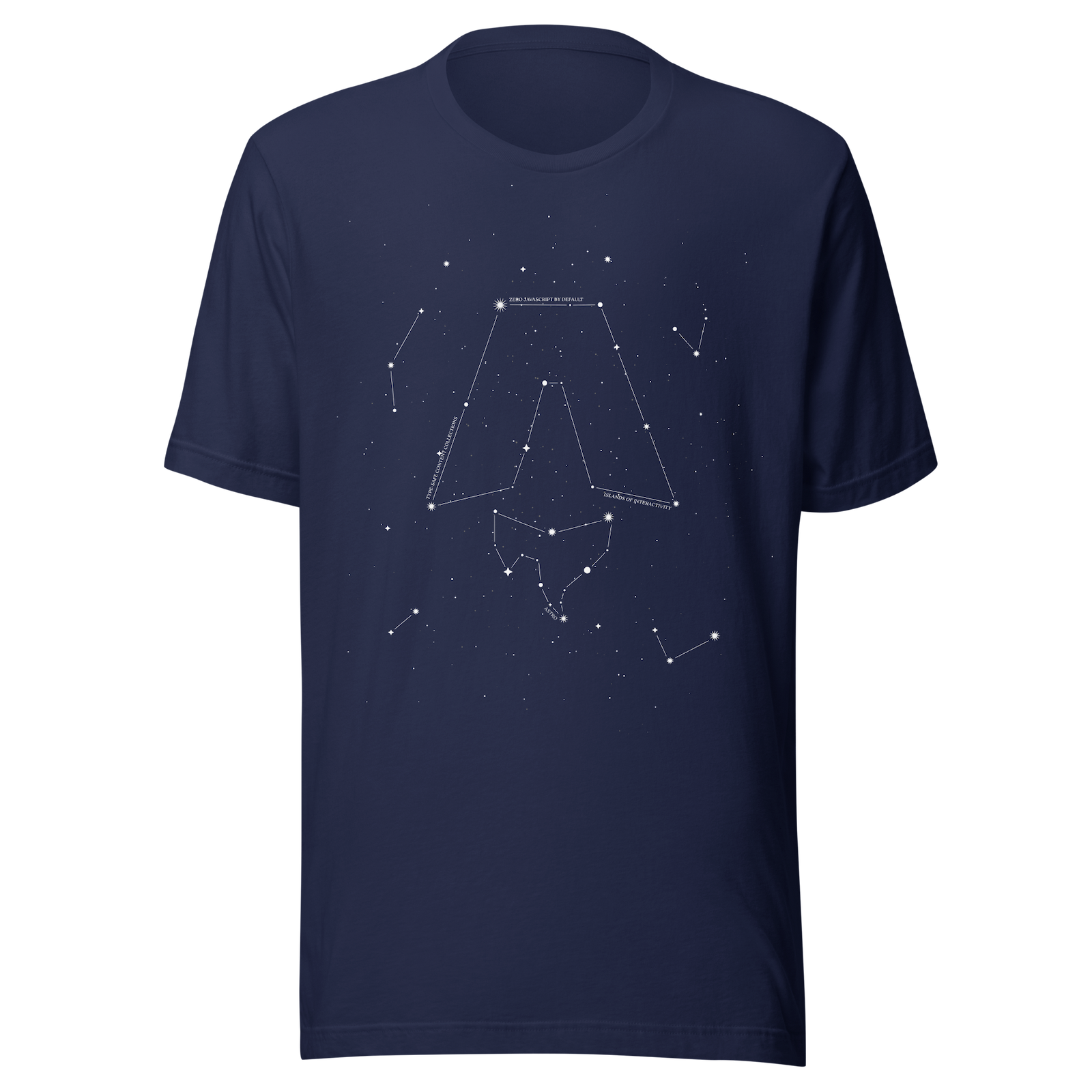 A navy blue t-shirt with a constellation chart on the front showing a large constellation in the shape of the Astro logo and several smaller constellations.