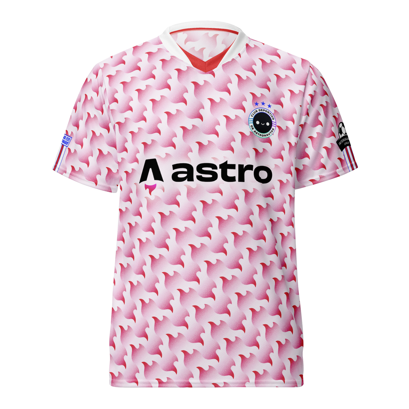 A sports jersey featuring an intricate red and white repeating pattern based on the flame from the Astro logo. It has a white collar with red detailing. On the left breast is a crest featuring the Astro mascot Houston smiling and three stars. The Astro logo is displayed at a large size in the centre of the shirt as the club sponsor. Each sleeve has red-white-and-blue trim and small illustrations, not clearly in shot.
