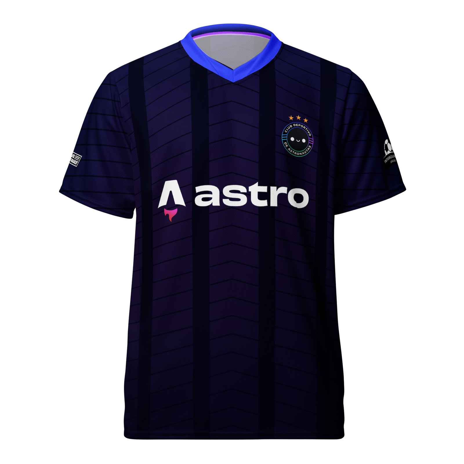 A sports jersey featuring dark vertical stripes fading from navy blue to a dusky purple and a bright blue collar. On the left breast is a crest featuring the Astro mascot Houston smiling and three gold stars. The Astro logo is displayed at a large size in the centre of the shirt as the club sponsor. Each sleeve has a small black and white illustration, not clearly in shot.