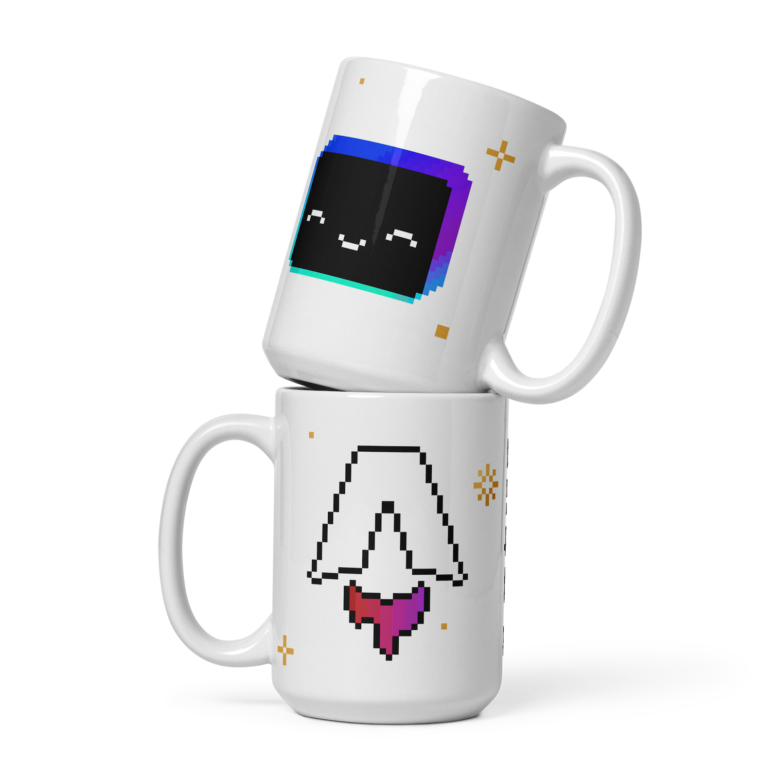 Two white mugs stacked on top of each other. The top mug shows a smiling pixel art version of the Astro mascot Houston. The lower mug shows the other side of the mug, featuring a pixelated Astro logo.
