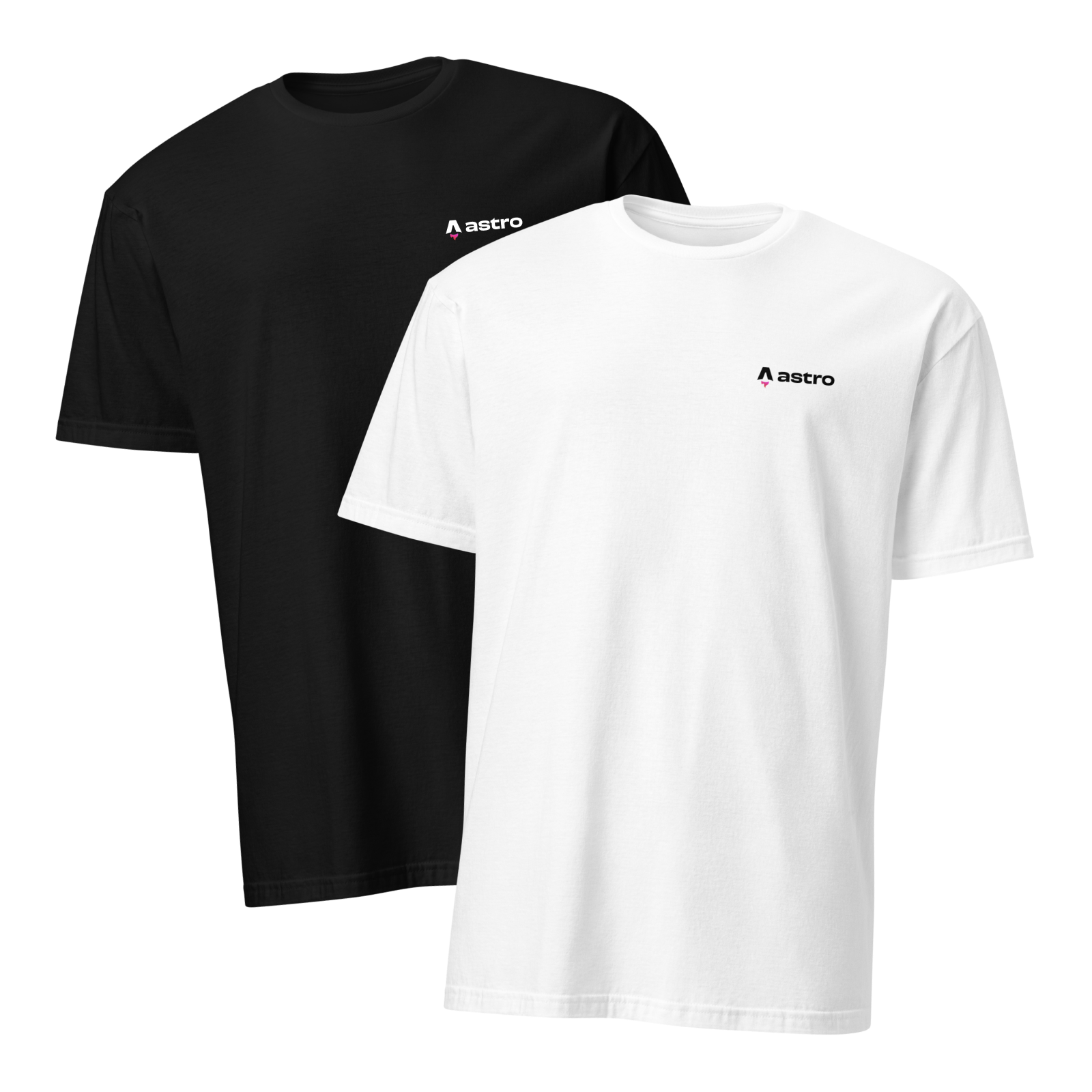 Two t-shirts: one white, one black. Both feature the Astro logotype on the left chest: an “A” icon with a flame underneath next to the word “astro” in lowercase letters.