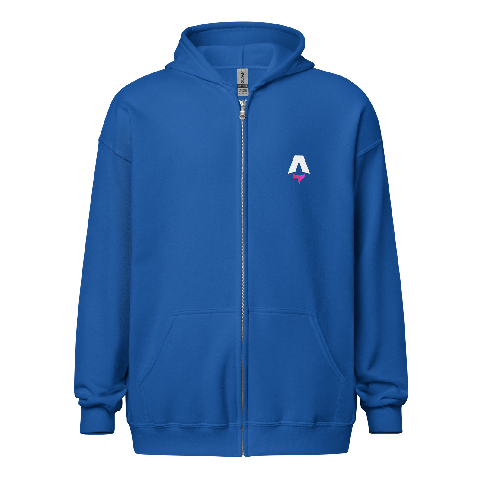 A blue hoodie with a zip that runs the full length at the front. There are pouch pockets either side of the zip. On the left chest is a printed Astro logo mark: a white “A” icon with a red flame underneath.