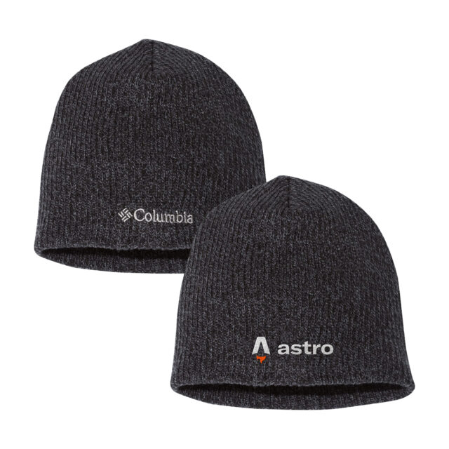 Dark gray knitted Columbia beanie with Astro's logo on the front