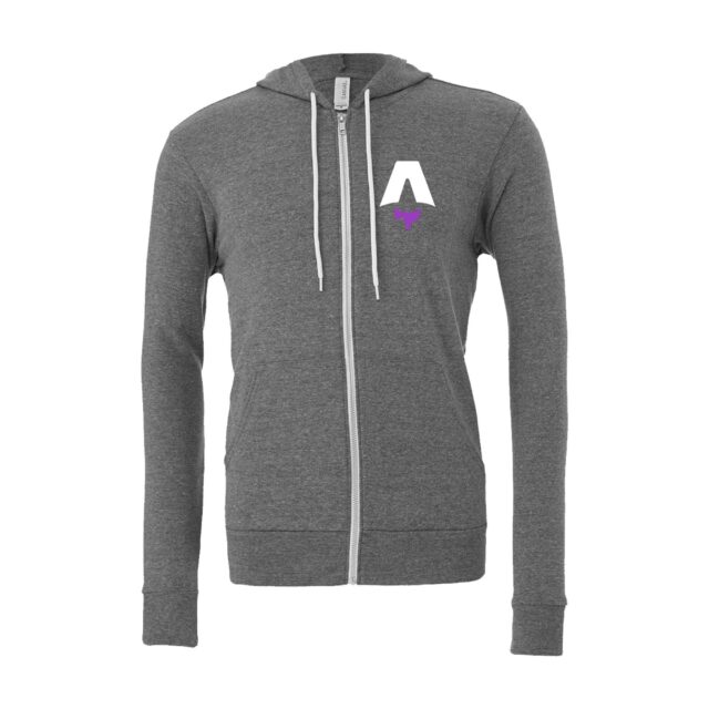Gray zip-up hoodie with Astro's logo on the front left